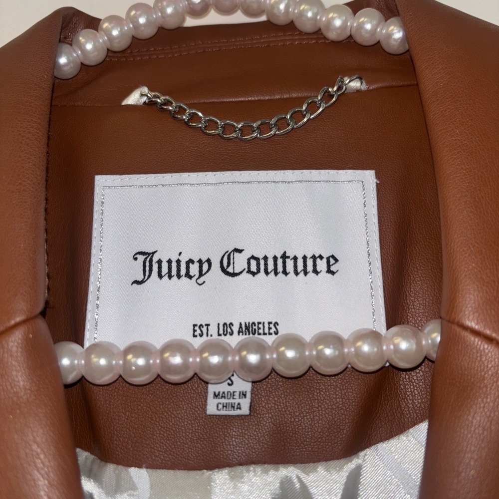 Juicy Couture Brown Faux Leather Blazer Jacket Button Front Pockets Size S - Picture 3 of 10